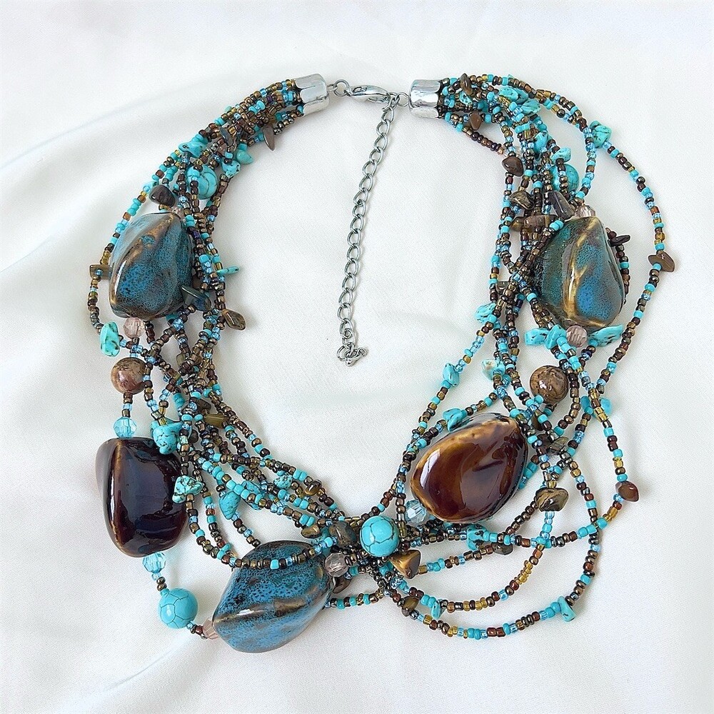 Multi-Strand Turquoise & Brown Beaded Gemstone Statement Necklace Extender - Picture 3 of 8